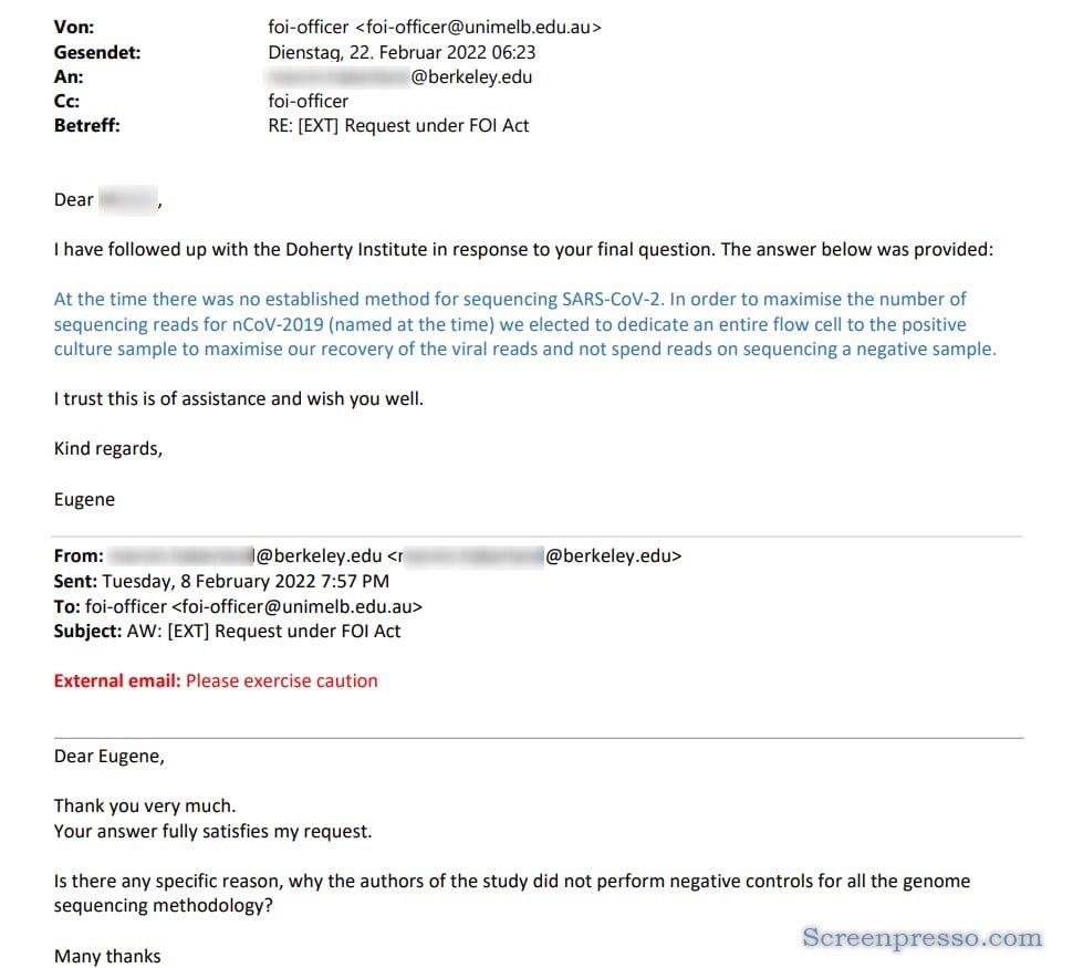 FOI-Antwort Doherty Institute – warum keine Negativkontrolle