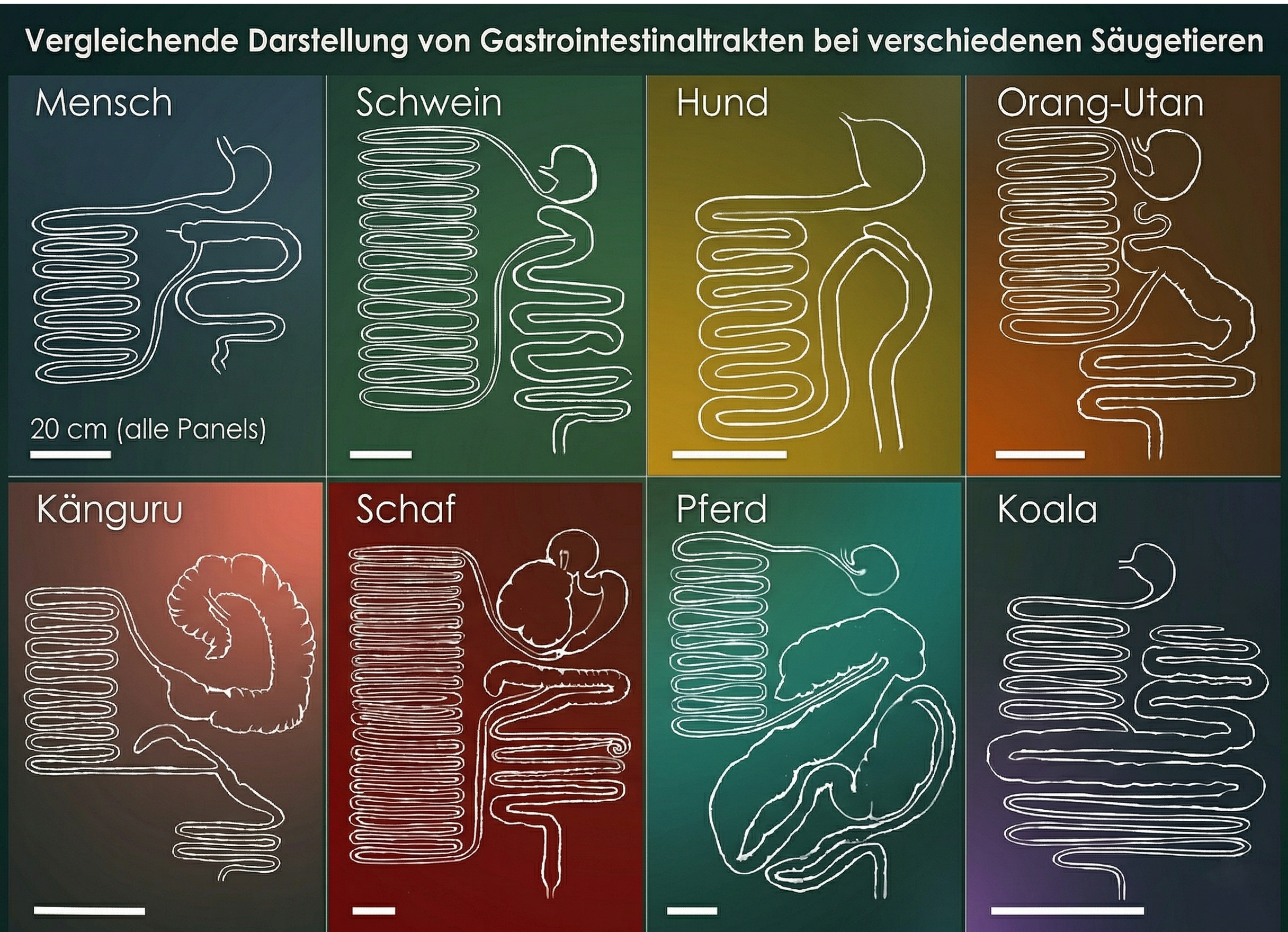 Darstellung der Gastrointestinaltrakte verschiedener Spezies im Vergleich