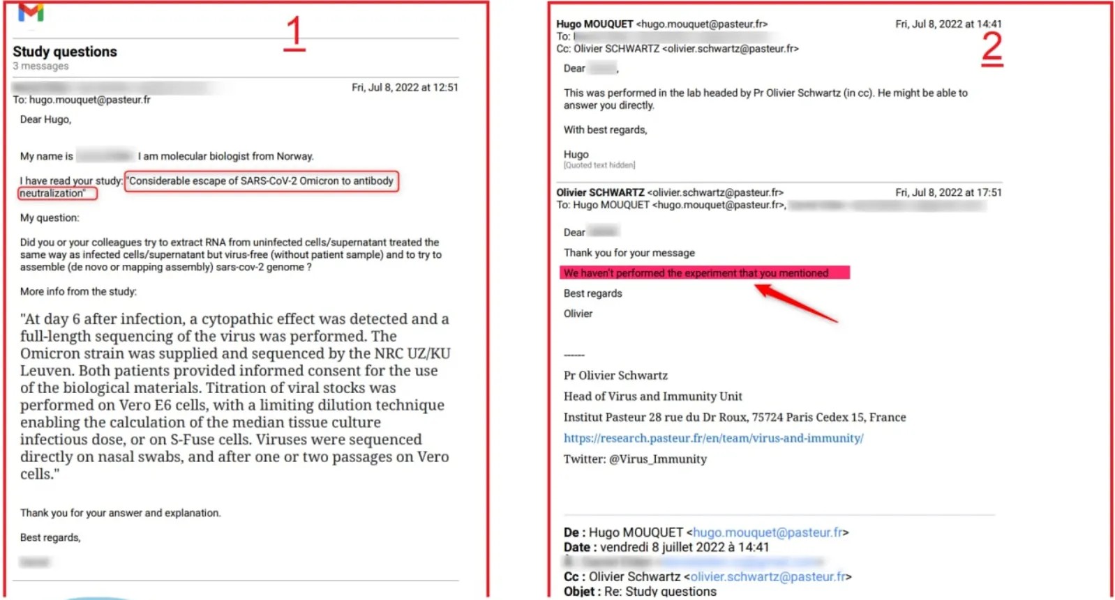 E-Mail-Korrespondenz – Dr. Hugo Mouquet & Prof. Olivier Schwartz et al.