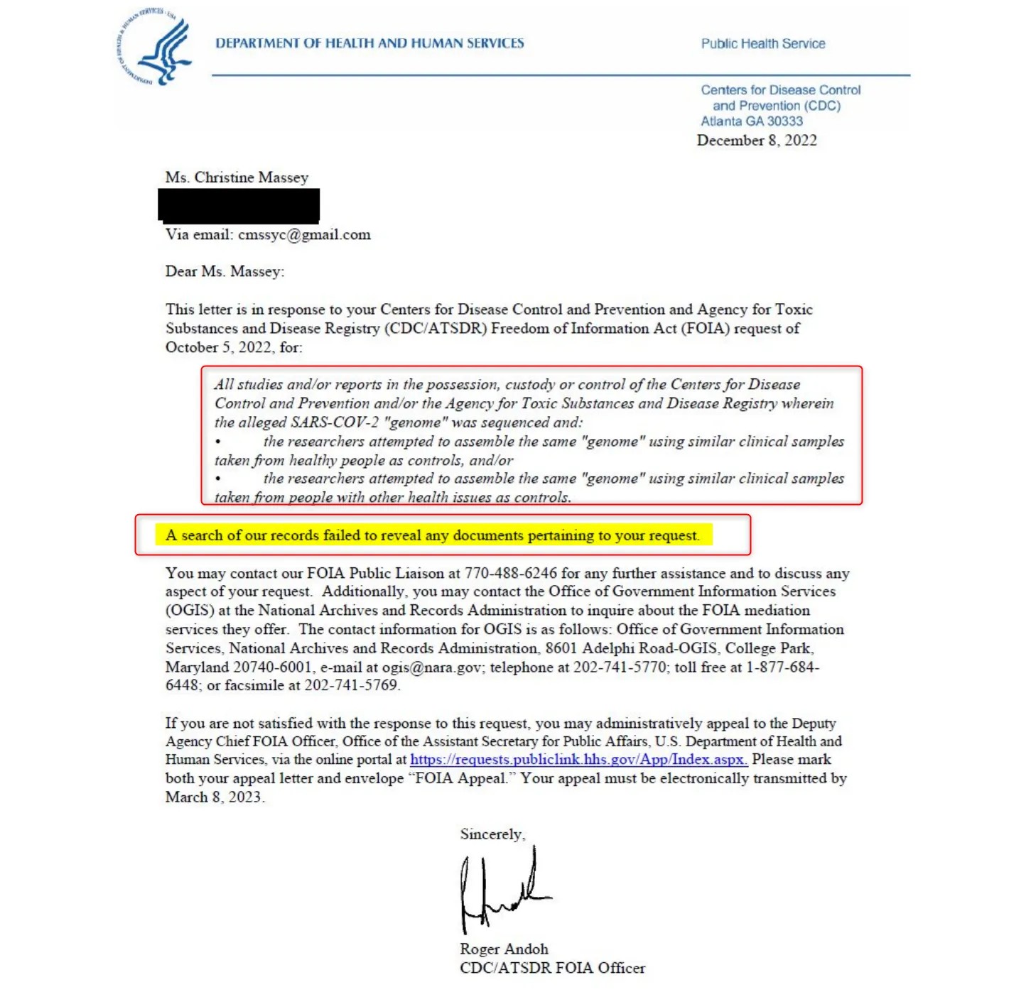 CDC FOIA-Antwort an Christine Massey – Dezember 2022
