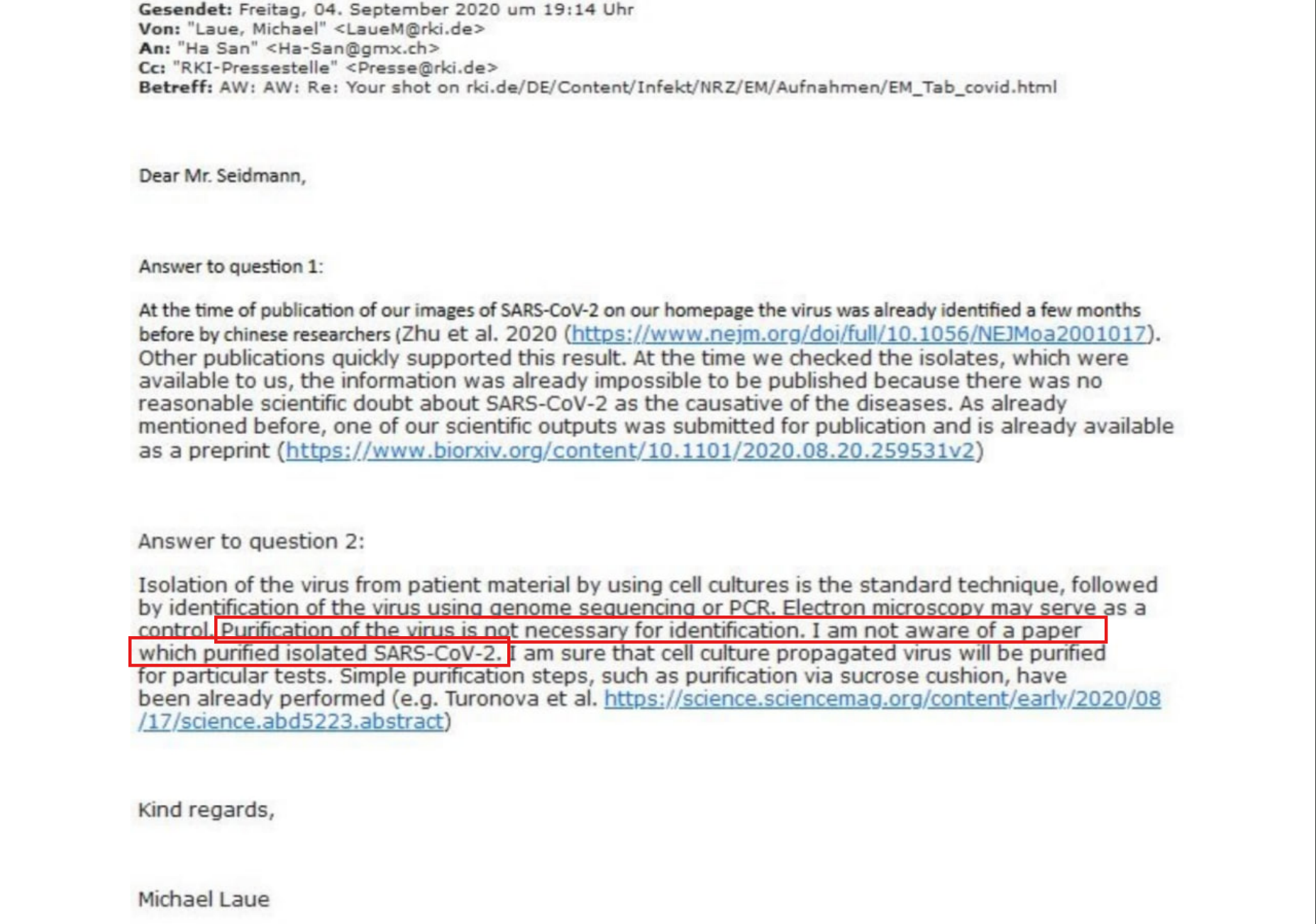 E-Mail-Korrespondenz – Dr. Michael Laue, RKI