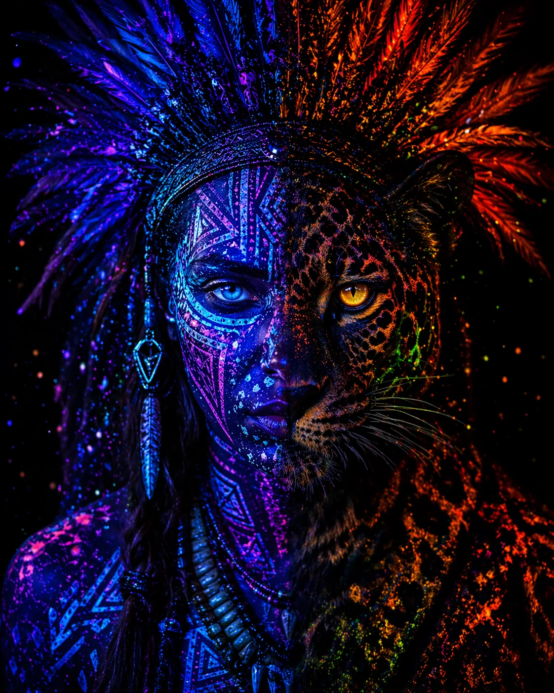 UV-Porträt: halb Gesicht mit Federschmuck, halb Leopard in Neonfarben