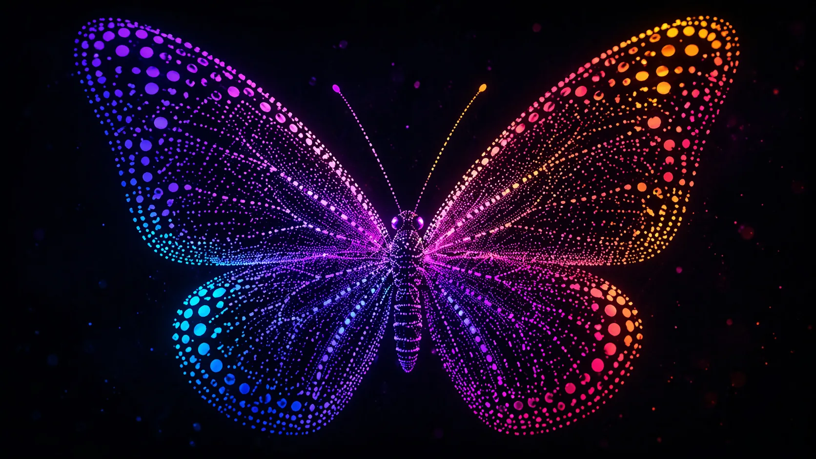Schmetterling aus leuchtenden Farbpartikeln auf schwarzem Grund