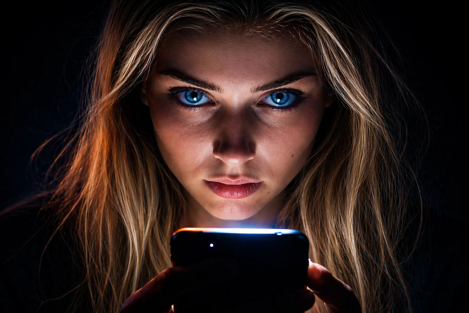 Frau blickt im Dunkeln auf ein leuchtendes Smartphone