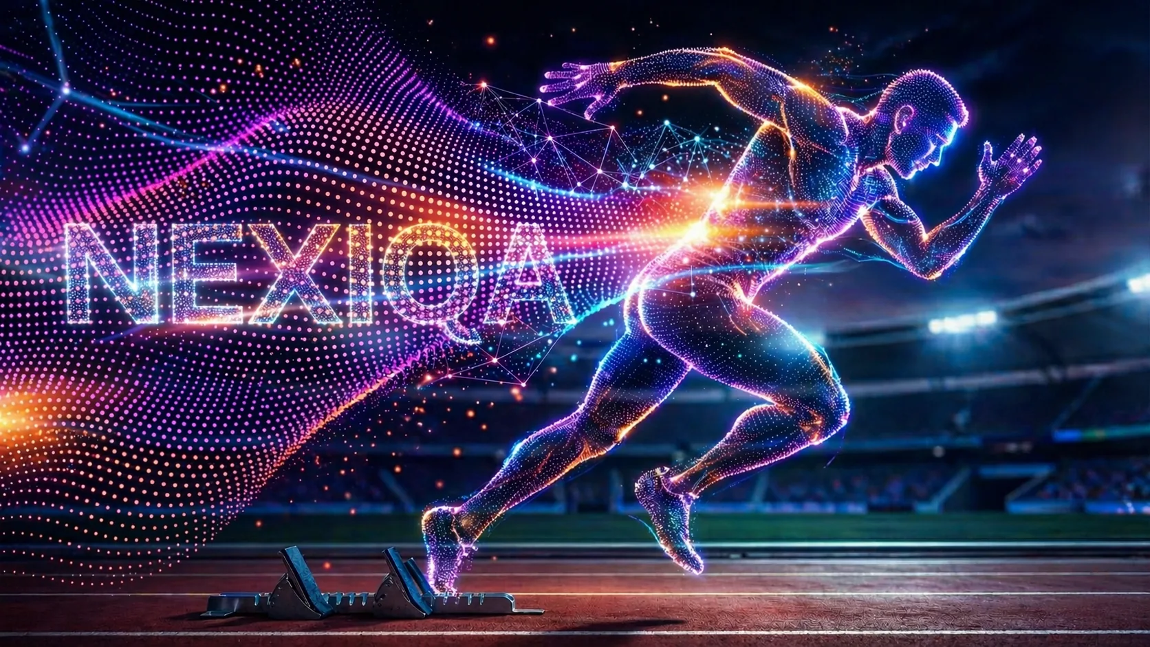 Sprinter aus leuchtenden Partikeln vor NEXIQA-Schriftzug